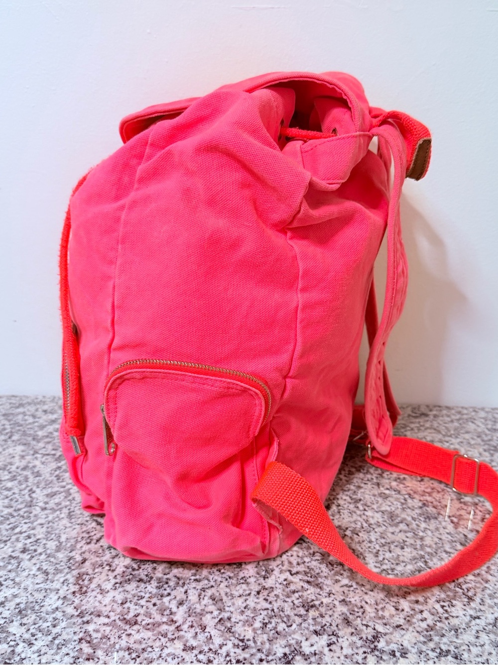 PINK Victoria's Secret Neon Pink Canvas Drawstring Backpack with Buckle Accent - Picture 3 of 11